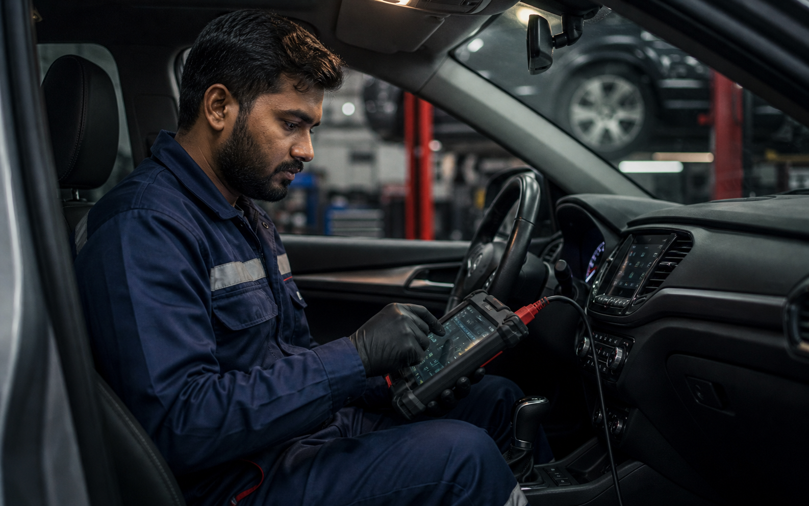 Indian diagnostic expert using a tablet inside a vehicle