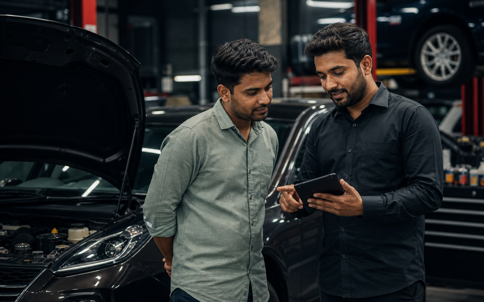Indian service advisor assisting a customer beside a car