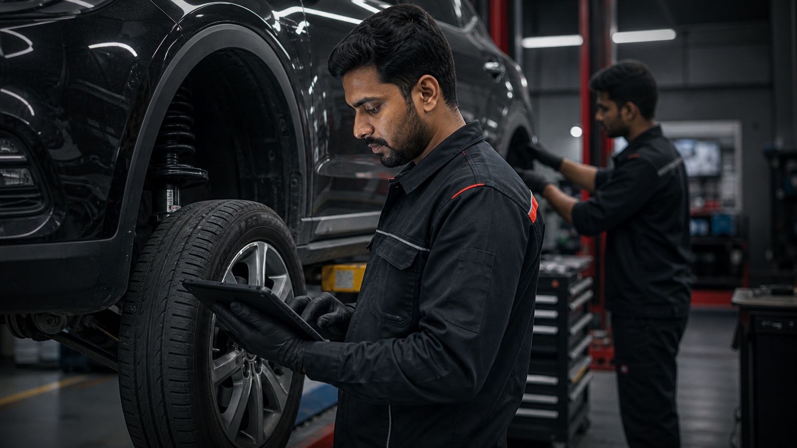 Indian technician performing quality inspection and diagnostics at Karnal Motors